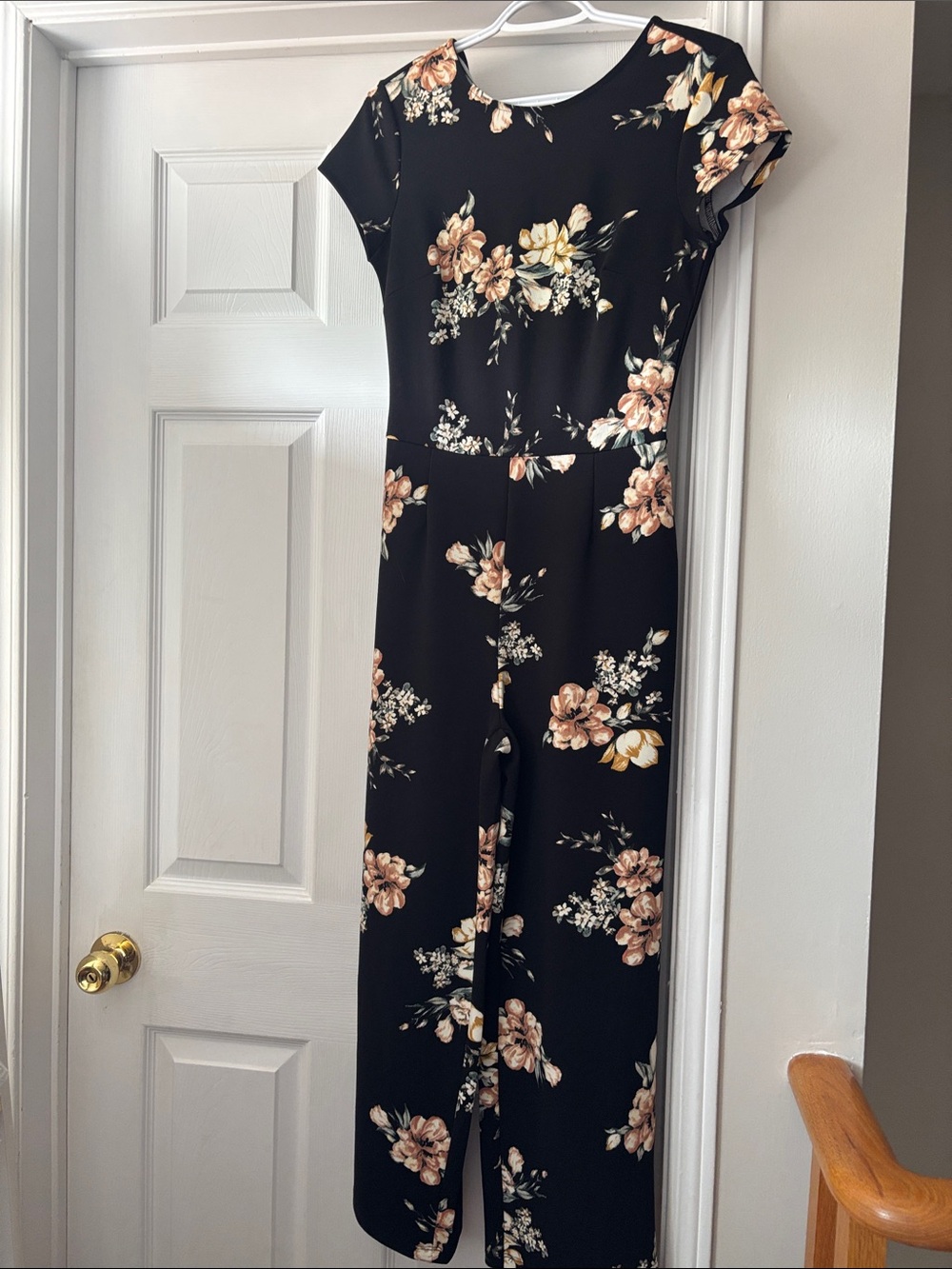 Dynamite Black Floral Jumpsuit with Peach & Cream Flowers